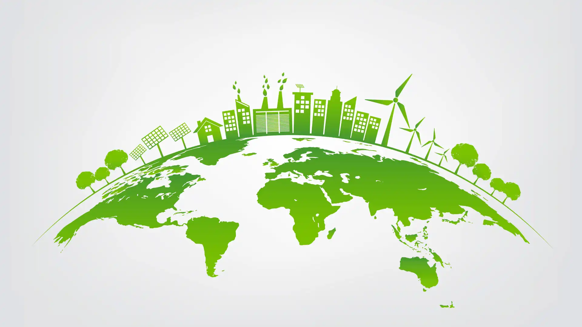 How to achieve net zero building – Illustration of a green globe with sustainable buildings on it