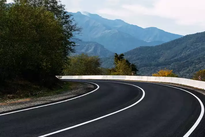 A road with trees and mountains in the background